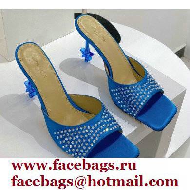 Mach & Mach Star Heel 8.5cm Crystal Embellished Mules Satin Blue 2022 - Click Image to Close